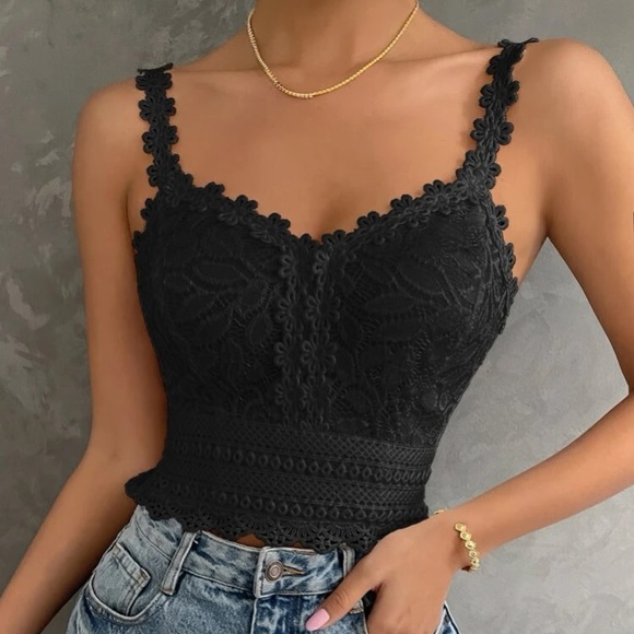 Boho black lace shirred back corset bralette cami top - Picture 2 of 5